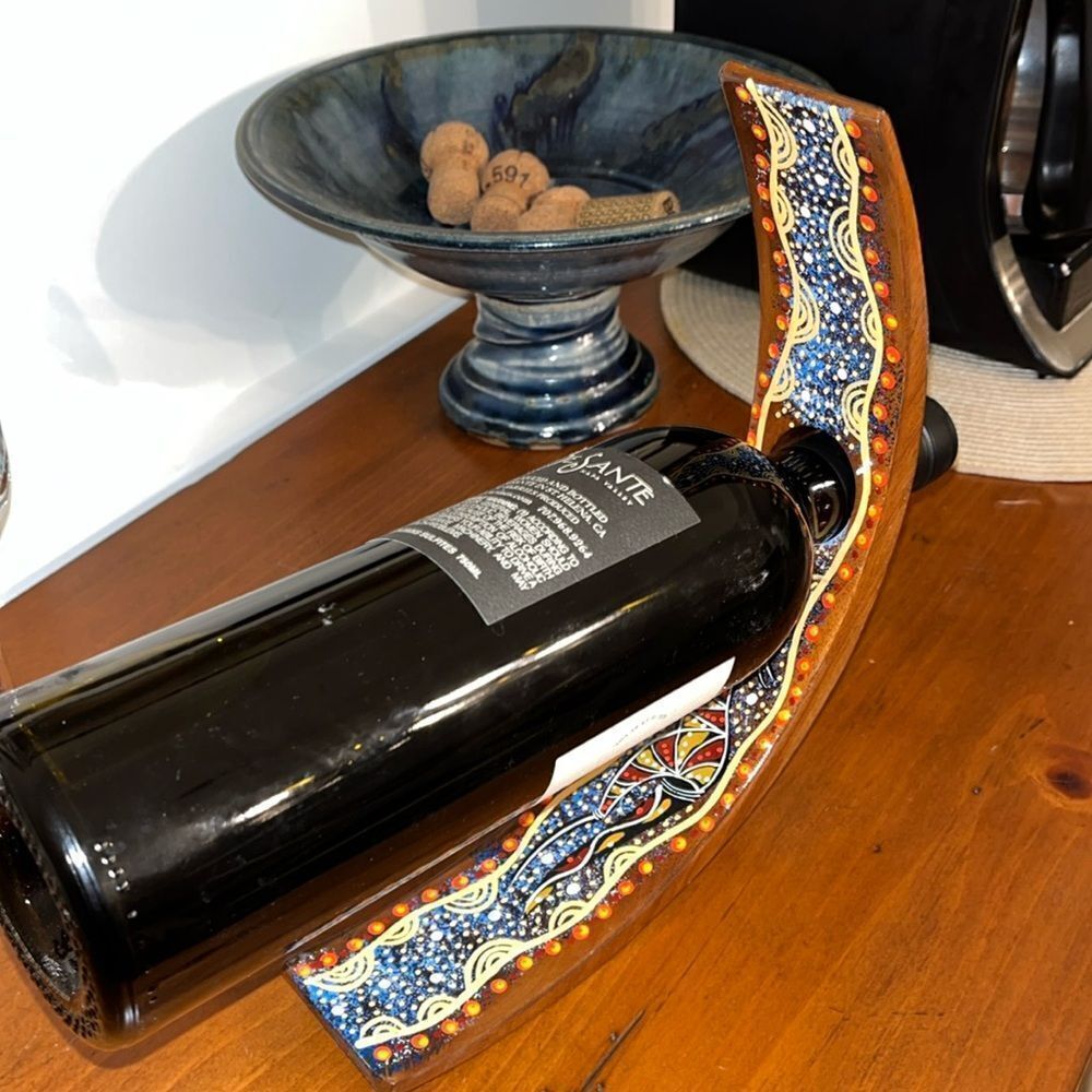 Wooden Wine Bottle Holder Dot Art Paint Australian Bomerang Style Balance Boomri